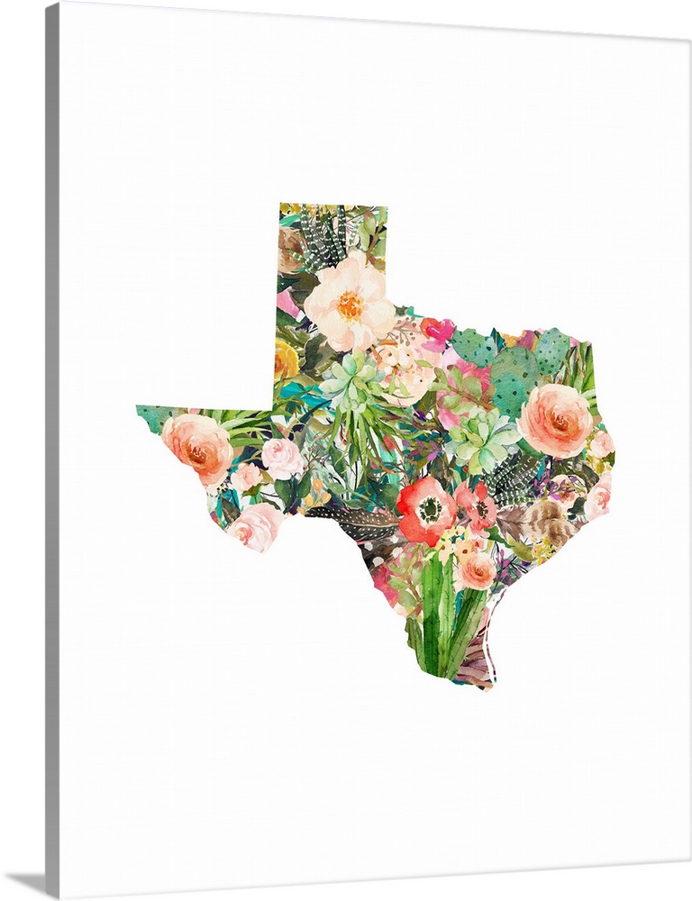 Watercolor flowers in warm colors with green foliage fill the state of Texas silhouette over a white background in this de...