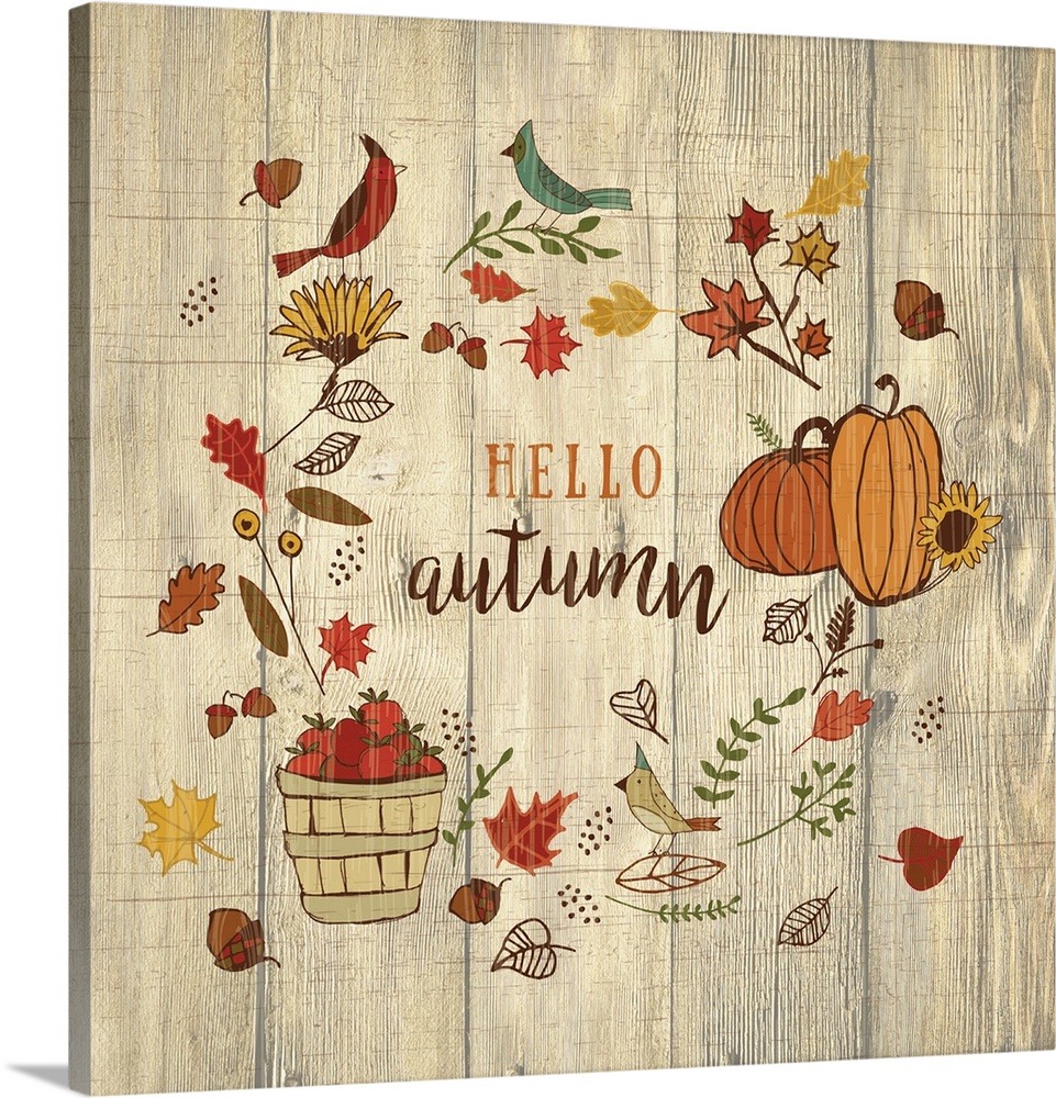 Thanksgiving themed decor of pumpkins, a basket of apples, fall leaves, and birds.