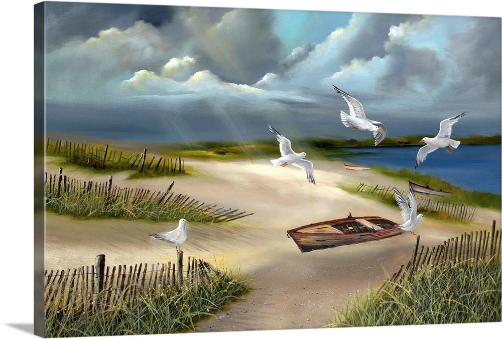 Contemporary artwork of beach landscape under a cloudy sky.