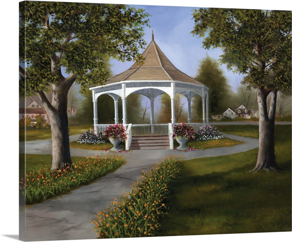 A gazebo in the center of a park, surrounded by flowers and trees.