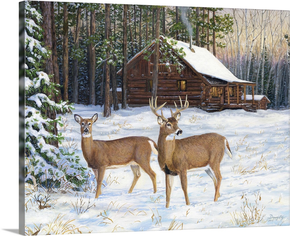 A pair of deer near a wooden lodge in the winter.