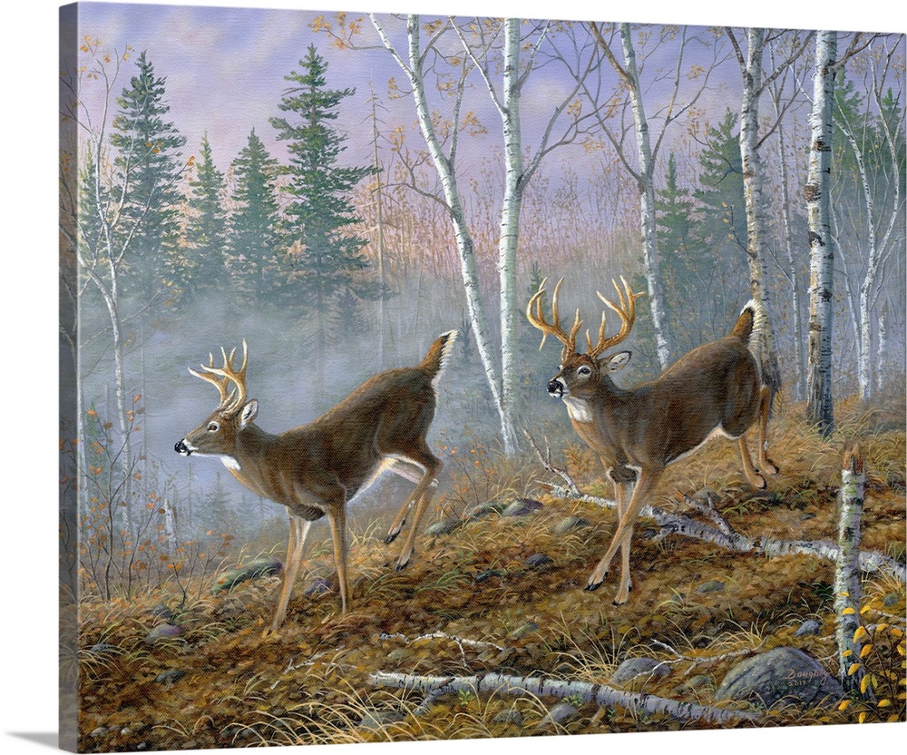 Contemporary painting of two deer running through a forest.