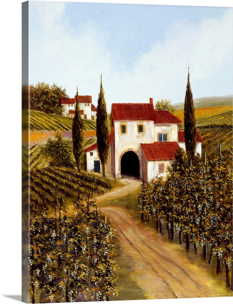 Painting of a red roofed Tuscan villa in the middle of a vineyard.