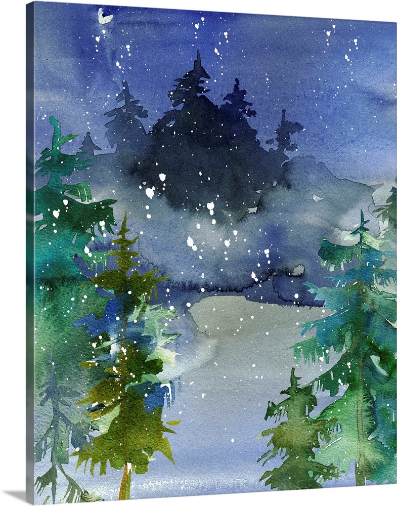 Watercolor painting of an outdoor Winter scene with pine trees and snow falling.