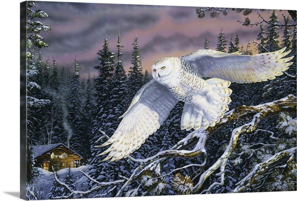 Contemporary artwork of a large snowy owl in flight on a winter evening.