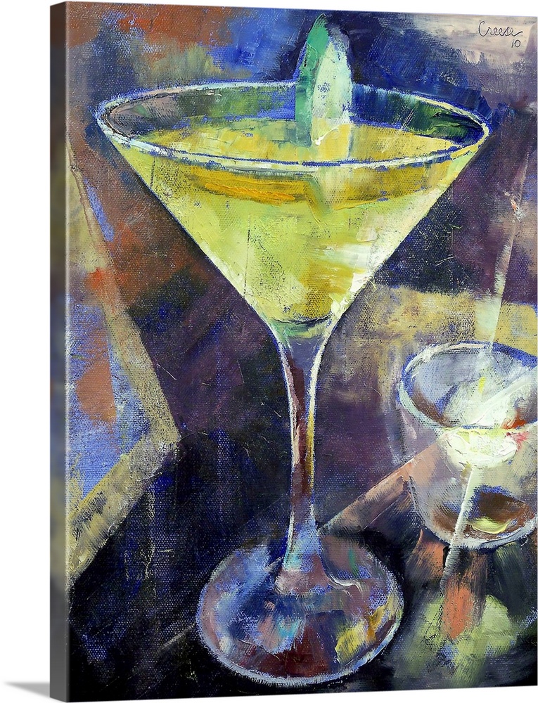 Portrait, contemporary painting on a large canvas of an appletini sitting on a table, a small candle in a clear, glass hol...