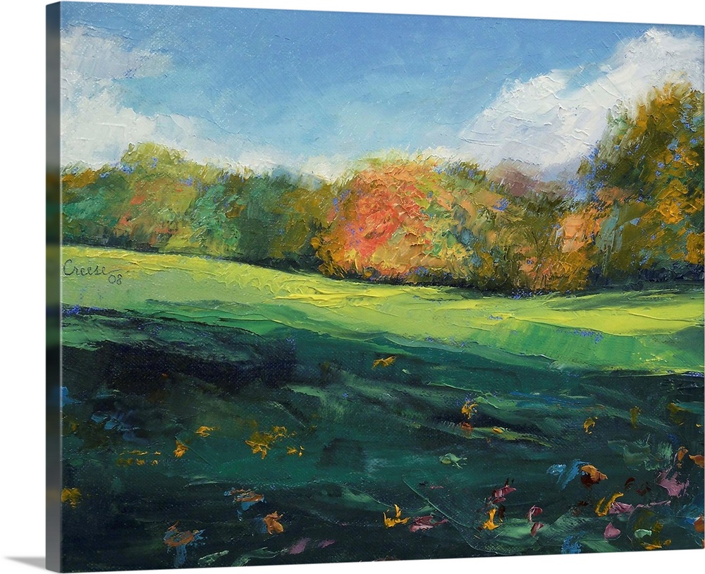 Landscape painting on a large wall hanging of a rolling, green landscape with autumn colored trees in the background.  A s...