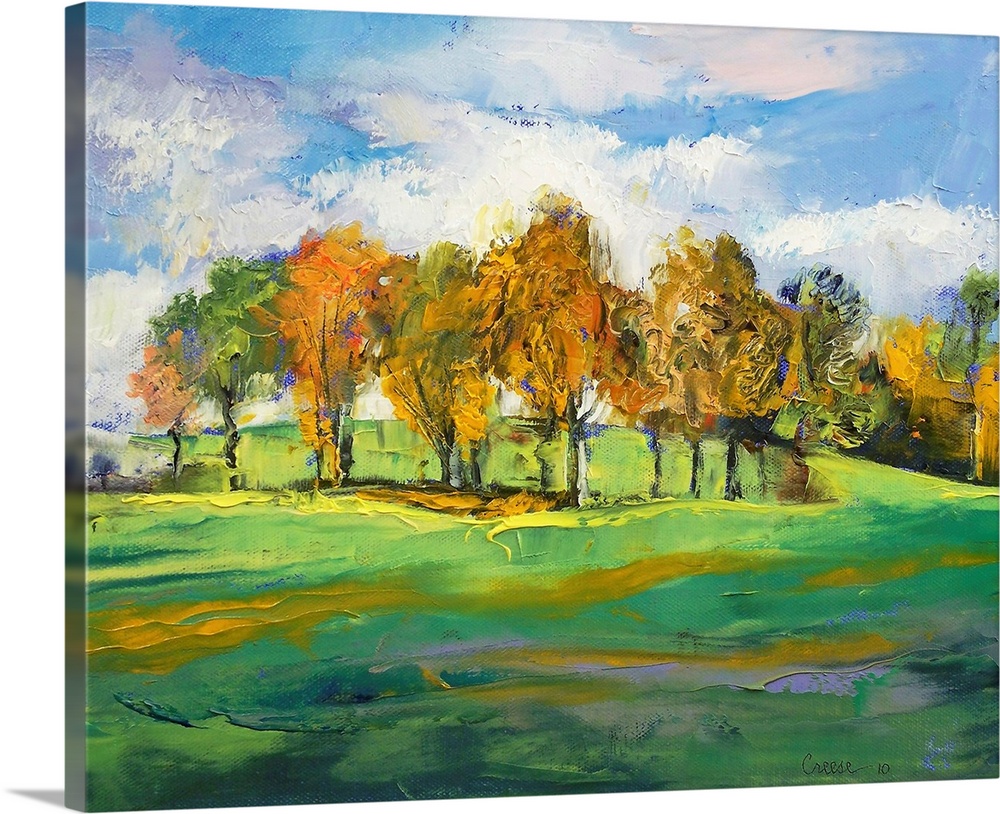 Large contemporary art composed of groups of trees sitting on slightly rolling hills on a sunny day in Autumn.