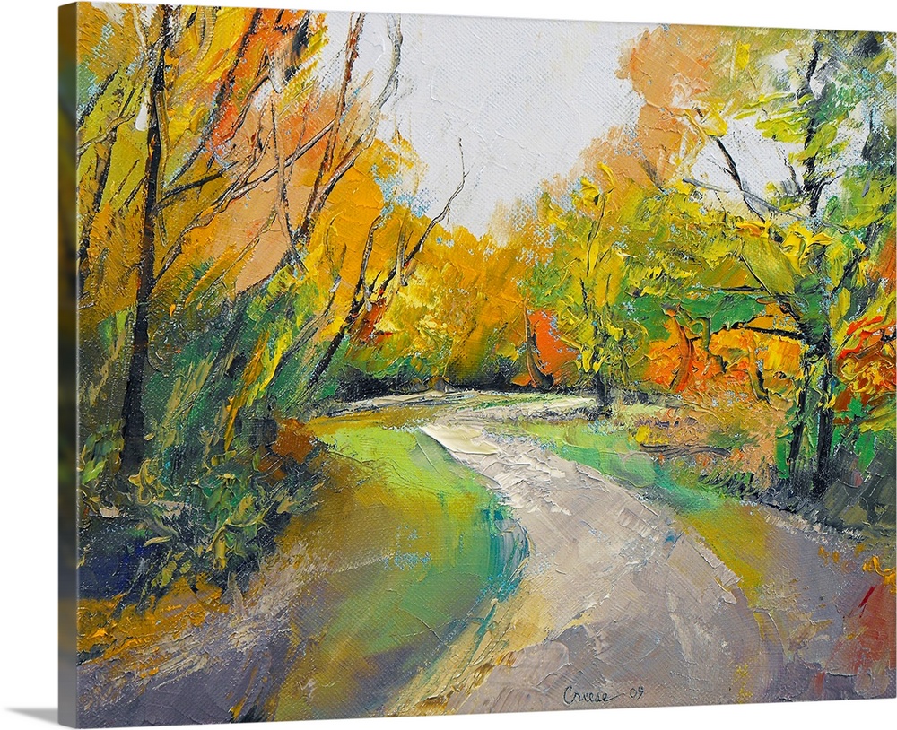 Painting of a road in the middle of a forest in the fall.