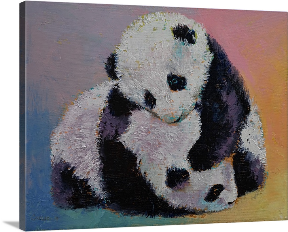 A contemporary painting of a cute panda bear cub against a colorful background.