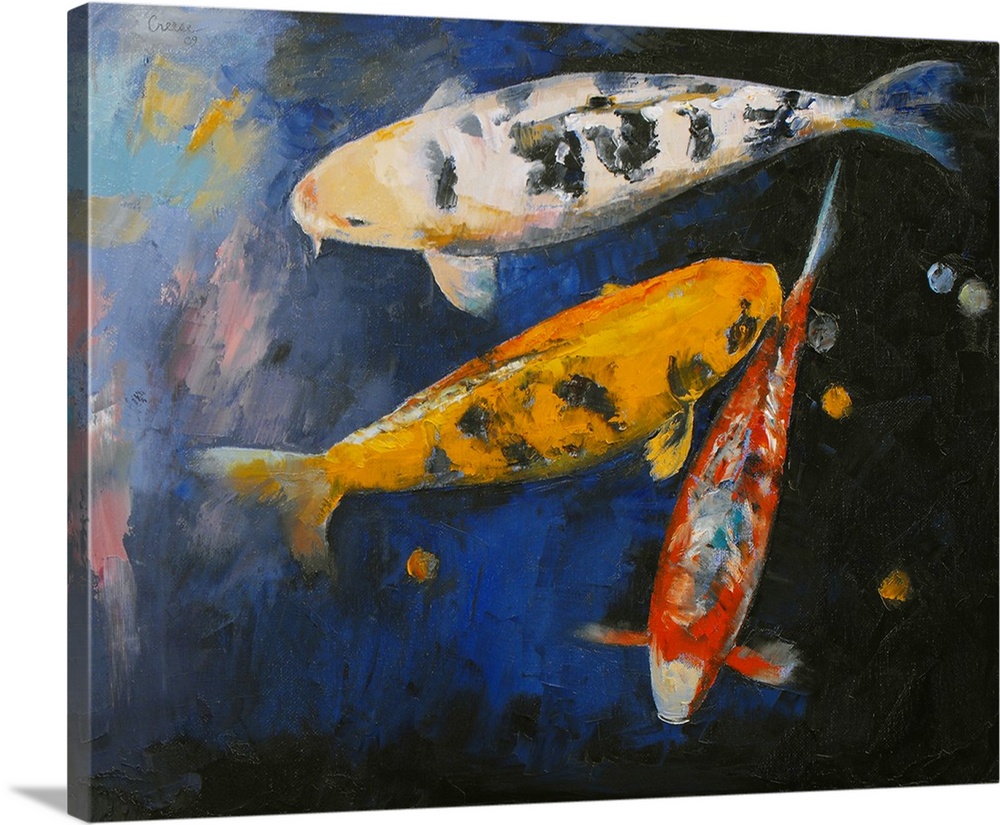 Painting on canvas of big koi fish swimming in the water.
