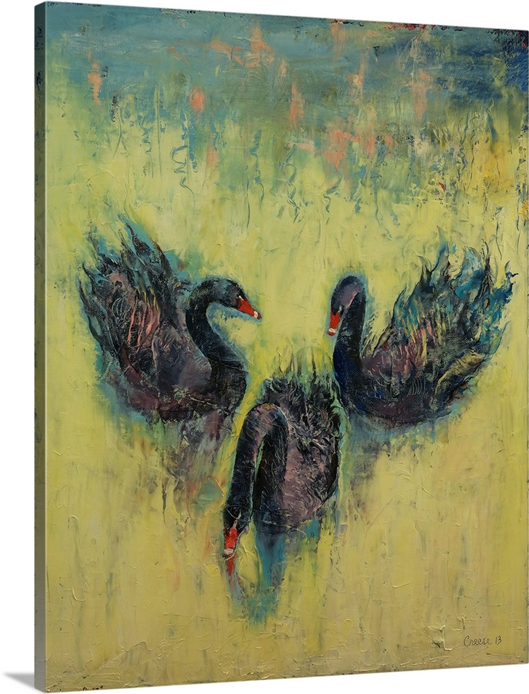 A contemporary painting of three black swans making the eyes and nose of a human skull.