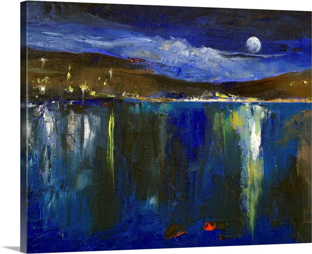 The moon, hillside, and village lights reflect on the still surface of a lake in this contemporary landscape painting.
