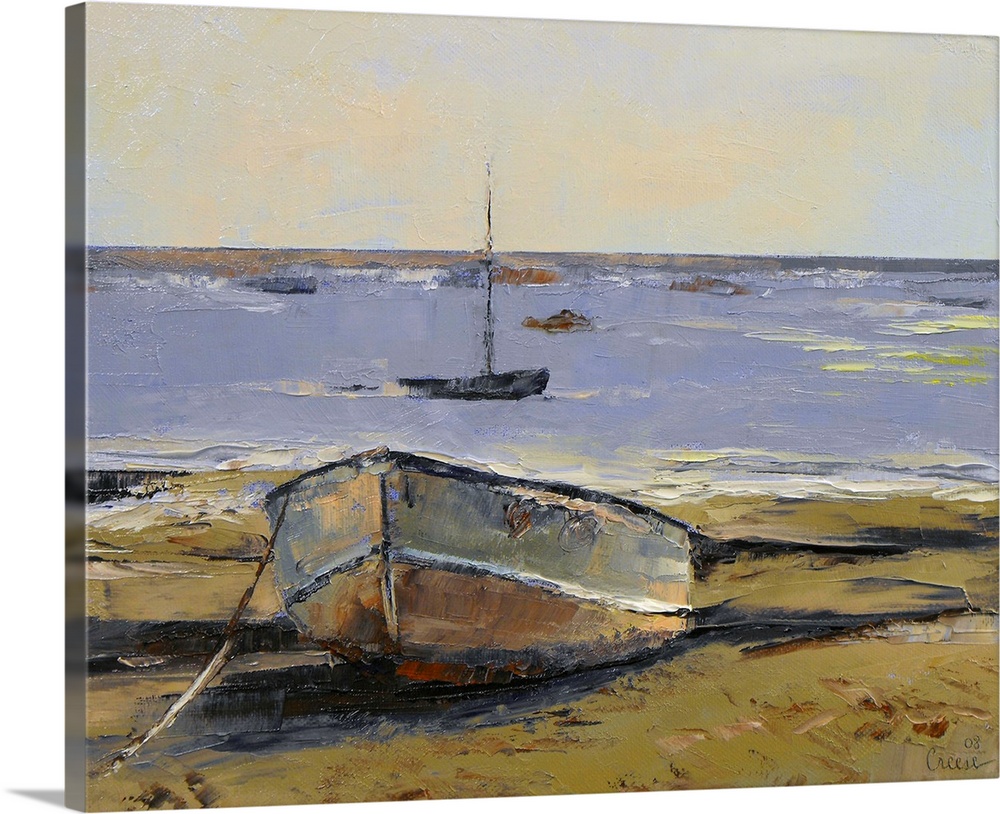 Oil painting of rusted row boat washed up on sand with a small sailboat in the ocean.