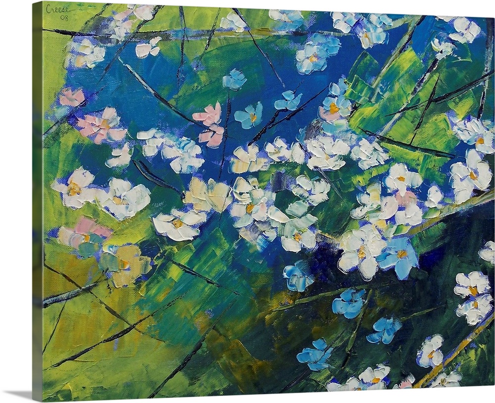 Big floral art shows an assortment of cherry blossom flowers.  Brush strokes and layering used by artist gives this piece ...