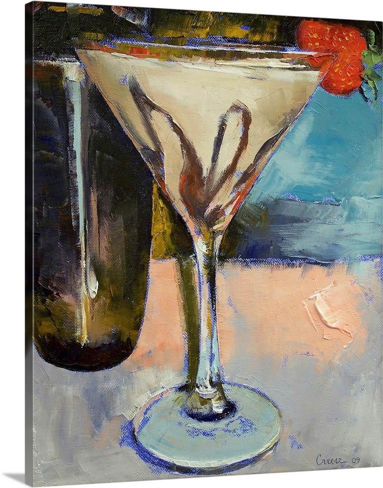 Oil painting by an American artist of an alcoholic beverage garnished with a strawberry with glass bottle in the backgroun...