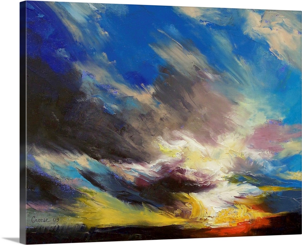 Giclee print of a landscape oil painting with big, bold brush strokes of clouds in the sky.