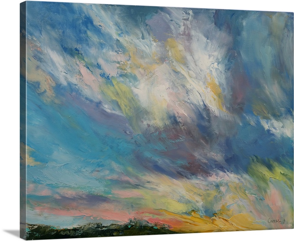 A contemporary painting of a colorful skyscape.