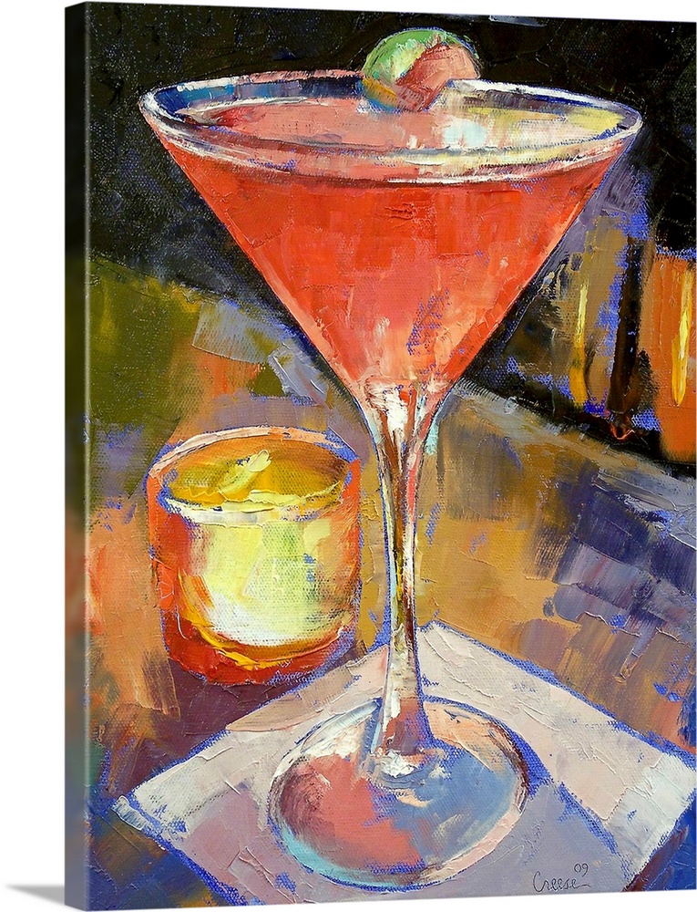 Artwork perfect for the home or kitchen of an oil painted martini glass filled with a pink drink and lime wedge on the side.