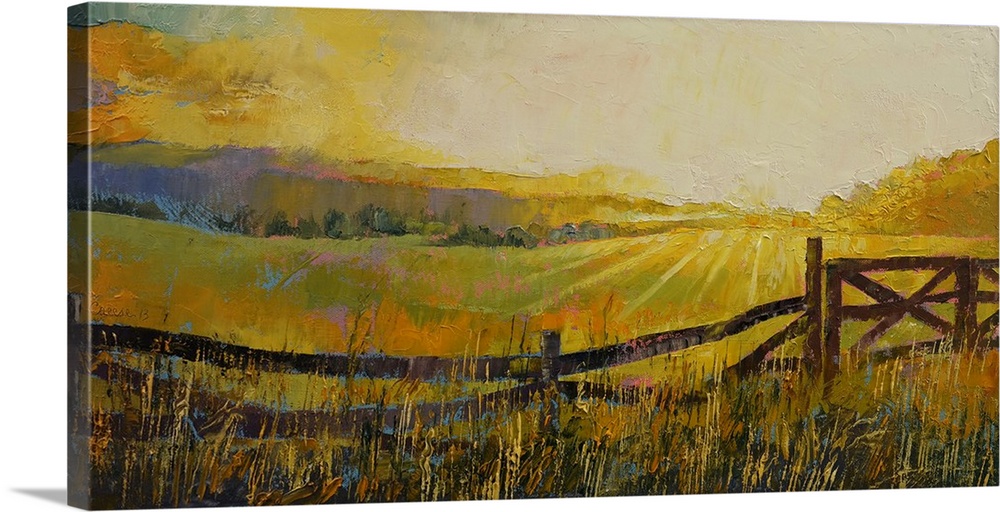 A contemporary painting of a countryside landscape.