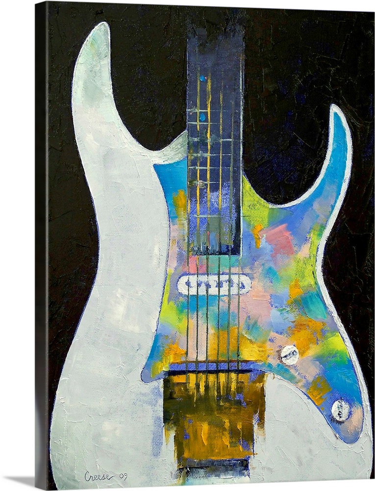 Up-close, pastel colored oil painting of the bottom half of a guitar by an American artist and painter.