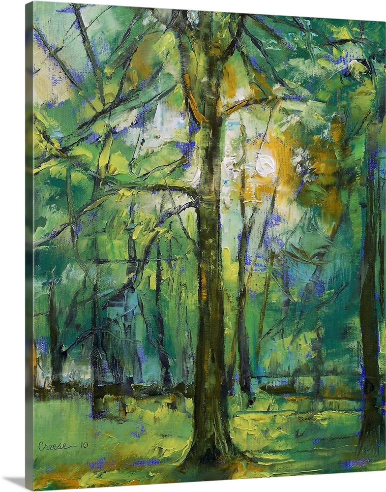 A vertical painting of a tree in a forest illuminated by sunlight shining through leaves.