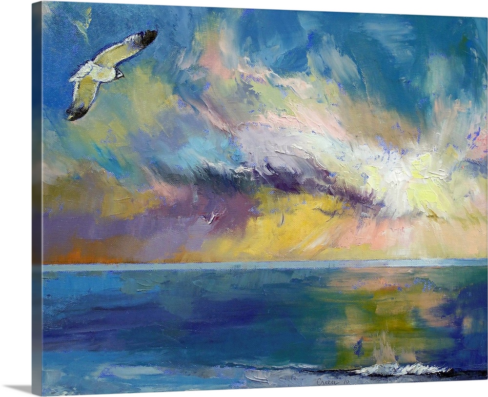 Giclee print of an oil painting depicting a seagull flying through a colorful sky reflecting in the water.