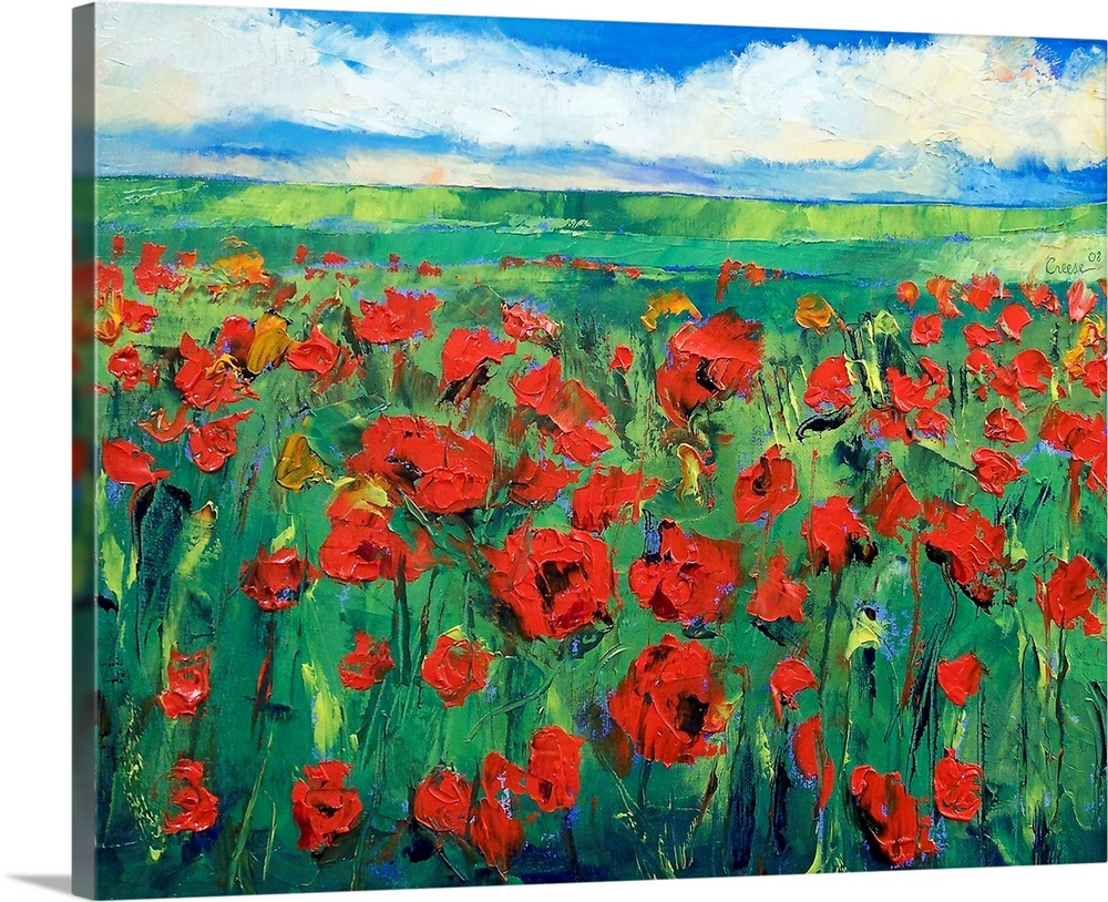 Canvas painting of a large field of poppies stretching into the distance. Rolling hills and a cloudy sky make up the backg...