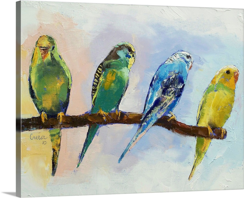 A decorative painting perfect for the home of four colorful parakeets sitting out on a branch.