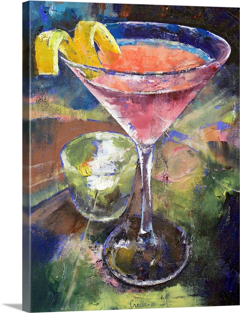 Large artwork of a martini glass filled with a pink drink and a lemon twist on the side. A small candle sits on the table ...