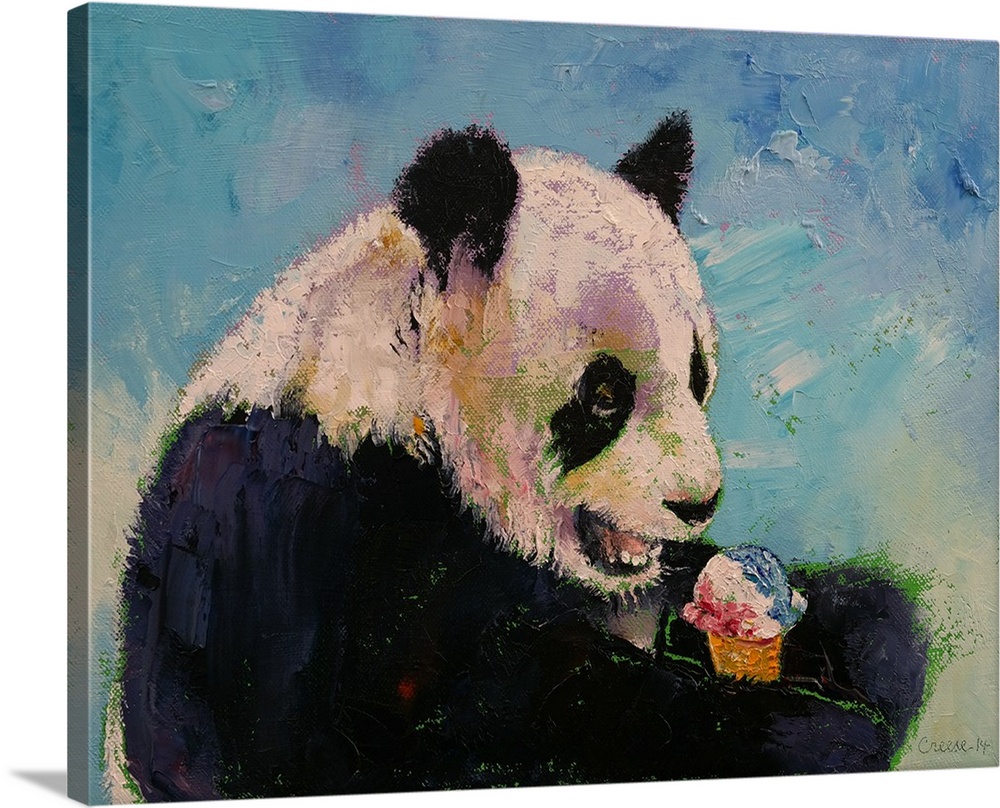 A contemporary painting of a panda bear eating an ice cream cone.