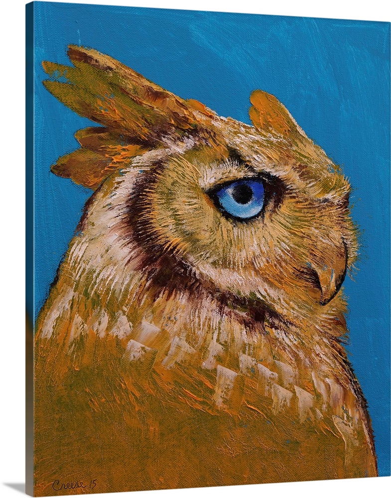 A contemporary painting of a brown owl with piercing blue eyes.