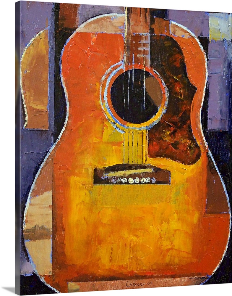 Vertical, large contemporary painting of an acoustic guitar body with rectangular patches around the outer edge that are l...