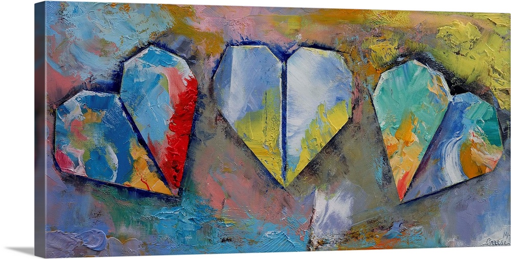 A contemporary painting of origami hearts.