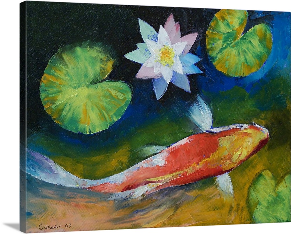 Oil painting by an American artist of a Japanese fish surrounded by lily pads.