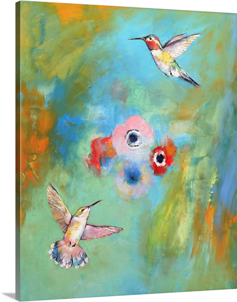 A contemporary painting of hummingbirds flying around pink flowers.