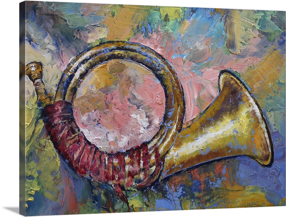 A contemporary painting of a brass horn against a colorful background.