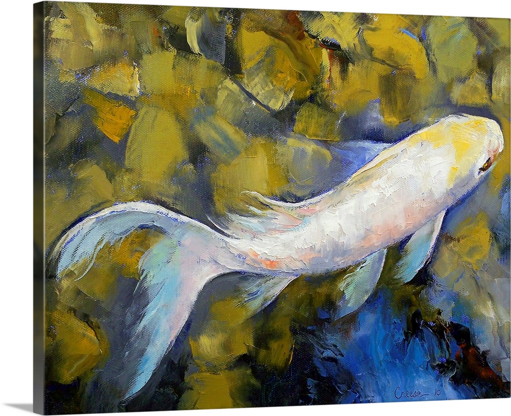 Up-close oil painting of koi fish swimming in rocky river by an American artist.