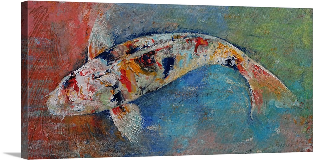 A contemporary painting of a koi against a multi-colored background.
