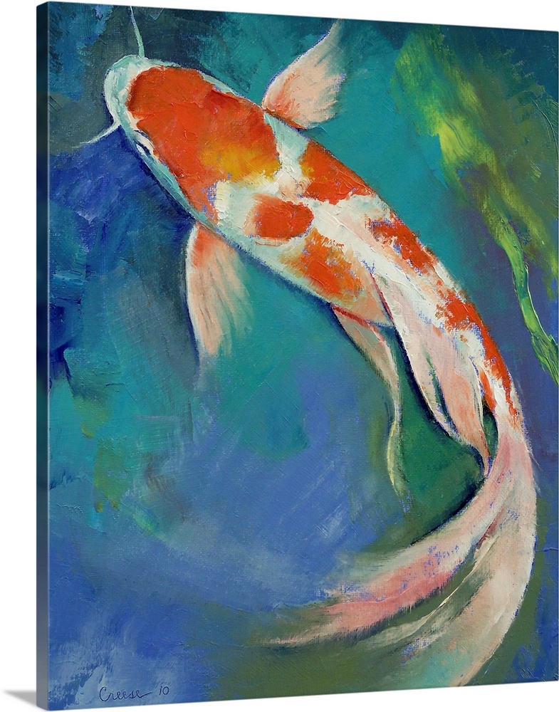 Original oil on canvas painting by American artist Michael Creese of a large koi fish with a flowing tail.