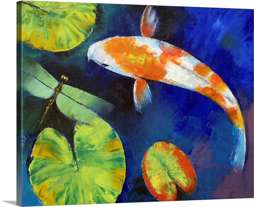 Big, horizontal painting of a Kohaku koi fish swimming around several lily pads in deep blue waters, while a dragonfly fli...