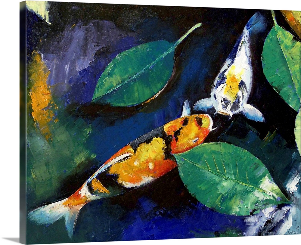 Oil painting of Japanese fish in a pond by American artist.