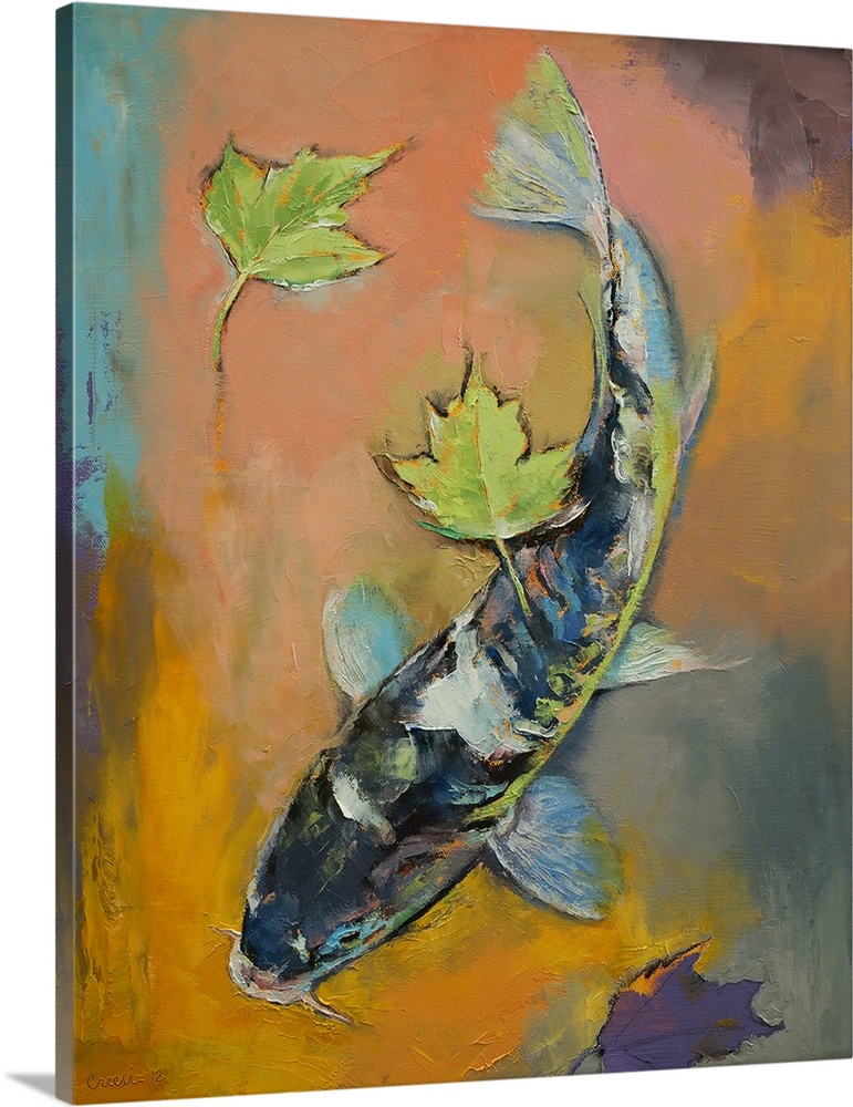 Contemporary painting of a colorful koi fish with small green leaves floating on the water.