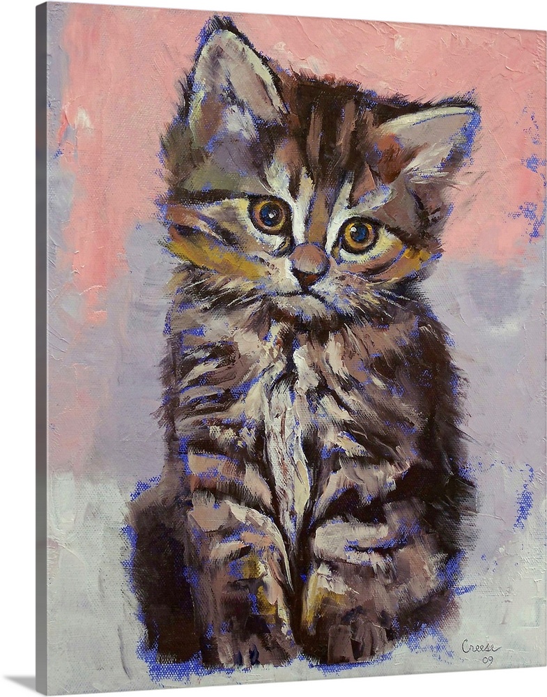 A small kitten is painted with highlights of blue around it against a soft background.