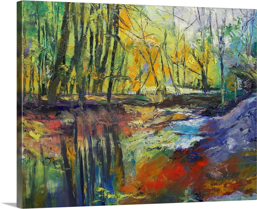 Brightly colored oil painting of a stream running through the forest.  The tall trees and clear sky is reflected in the st...