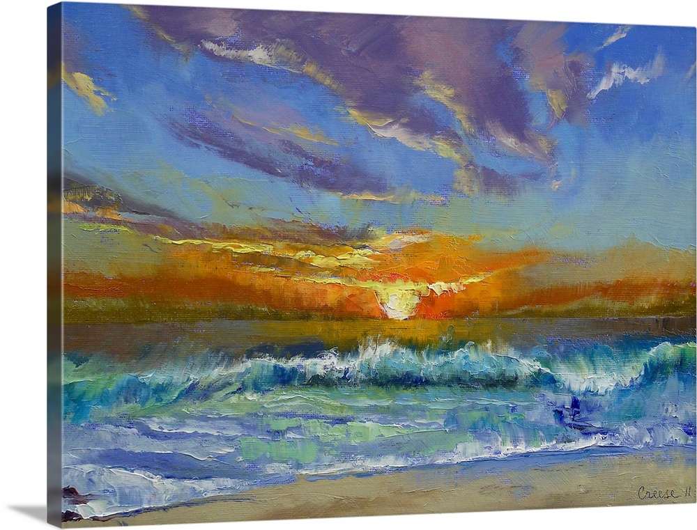 Reproduction of an original oil painting; the sun sinks towards the horizon as waves lap the shore. This painting features...