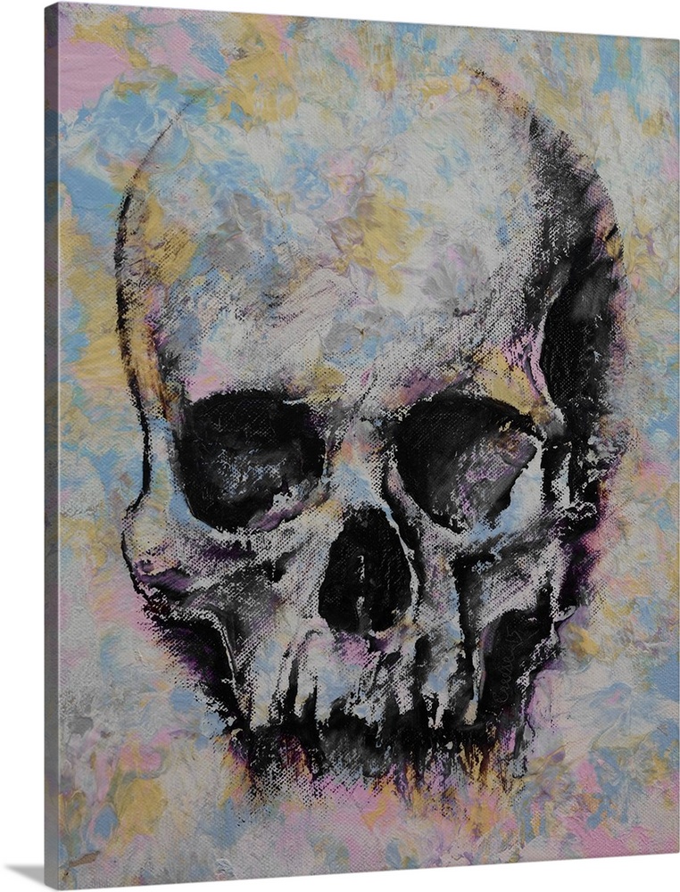 A contemporary painting of a human skull.