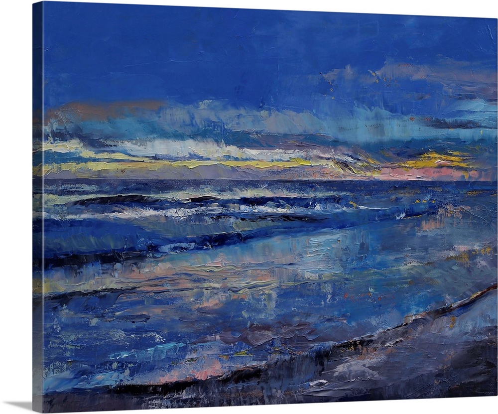 A contemporary artwork piece of a painted ocean with waves and a cloudy blue sky above.