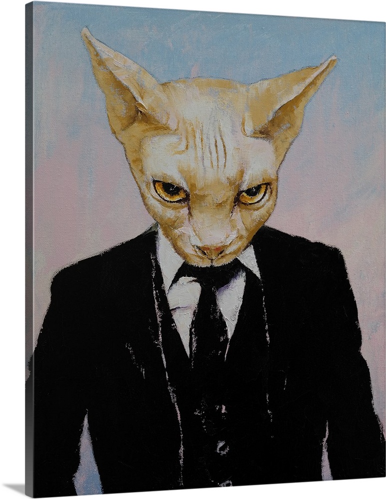 A contemporary painting of a sphinx cat wearing a black three piece suit.