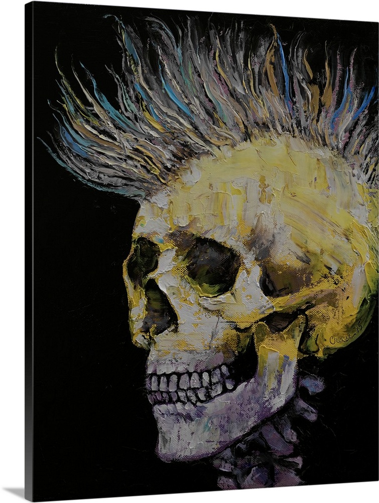 A contemporary painting of a human skull with a big spiky Mohawk.